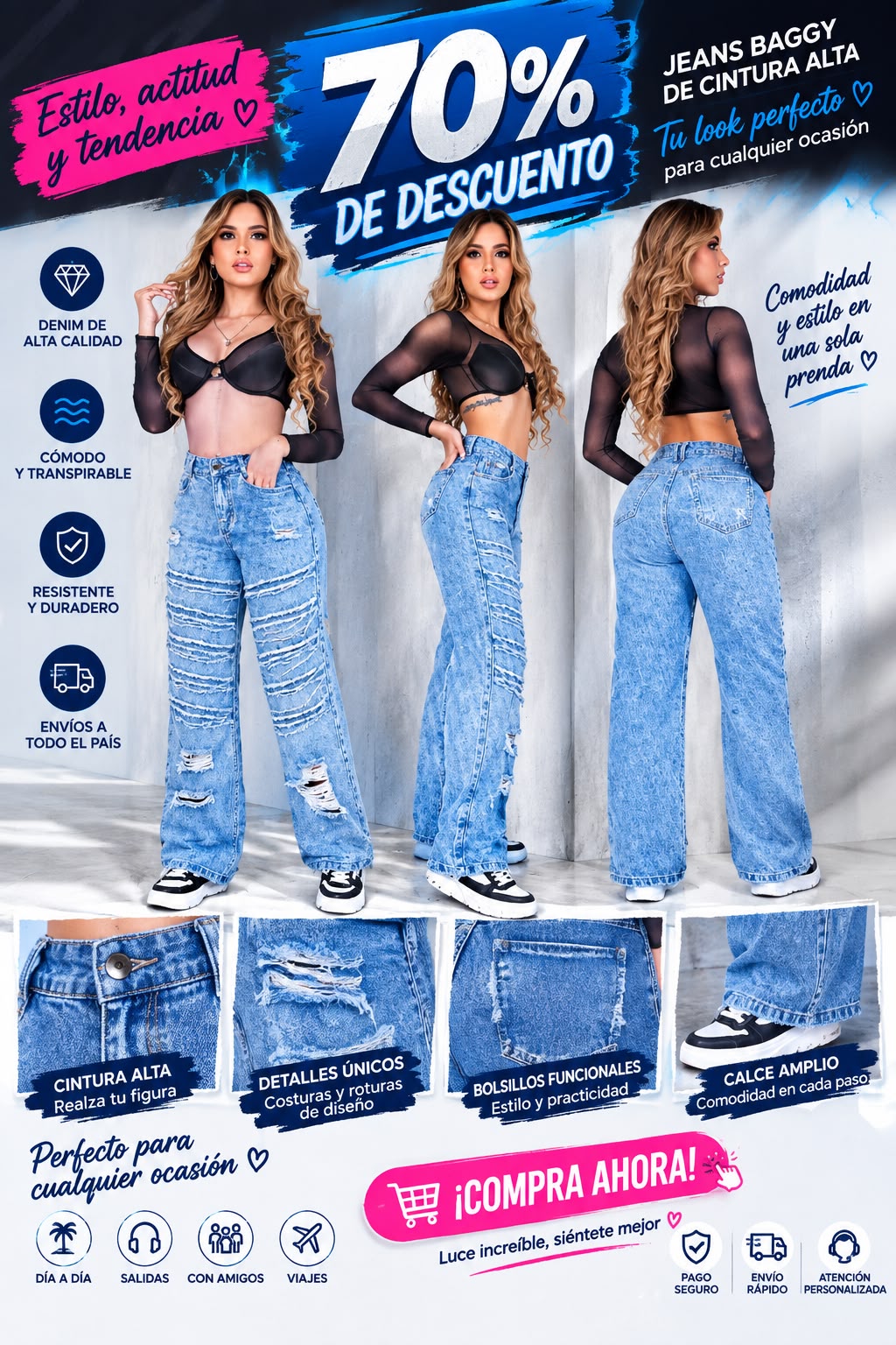 🔥👖 JEANS BAGGY DAMA PREMIUM – 70% DE DESCUENTO ✨ LOOK URBANO, FIT RELAJADO, DETALLES DESGASTADOS Y COMODIDAD TODO EL DÍA 💖