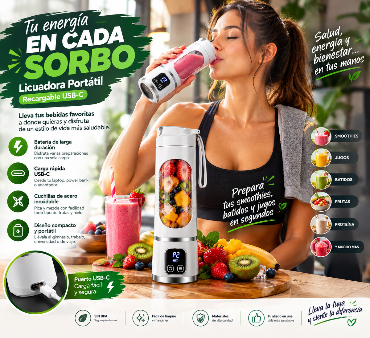 🔥 ¡50% DE DESCUENTO! LICUADORA PORTÁTIL USB-C RECARGABLE — SMOOTHIES, BATIDOS Y JUGOS DONDE QUIERAS