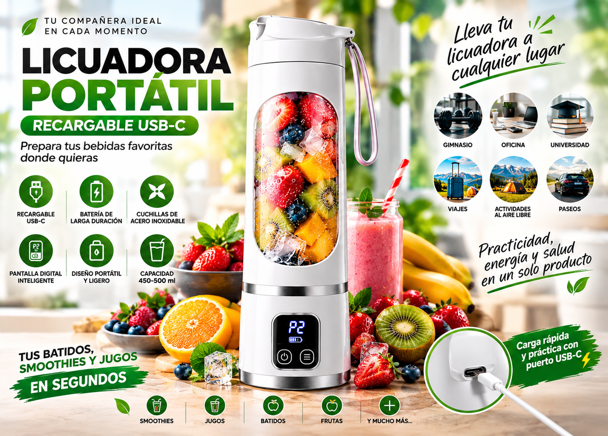 🔥 ¡50% DE DESCUENTO! LICUADORA PORTÁTIL USB-C RECARGABLE — SMOOTHIES, BATIDOS Y JUGOS DONDE QUIERAS